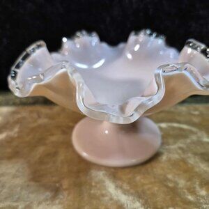 RARE Fenton Pastel Rose Pink Milk Glass Vintage Compote with Ruffled Silvercrest